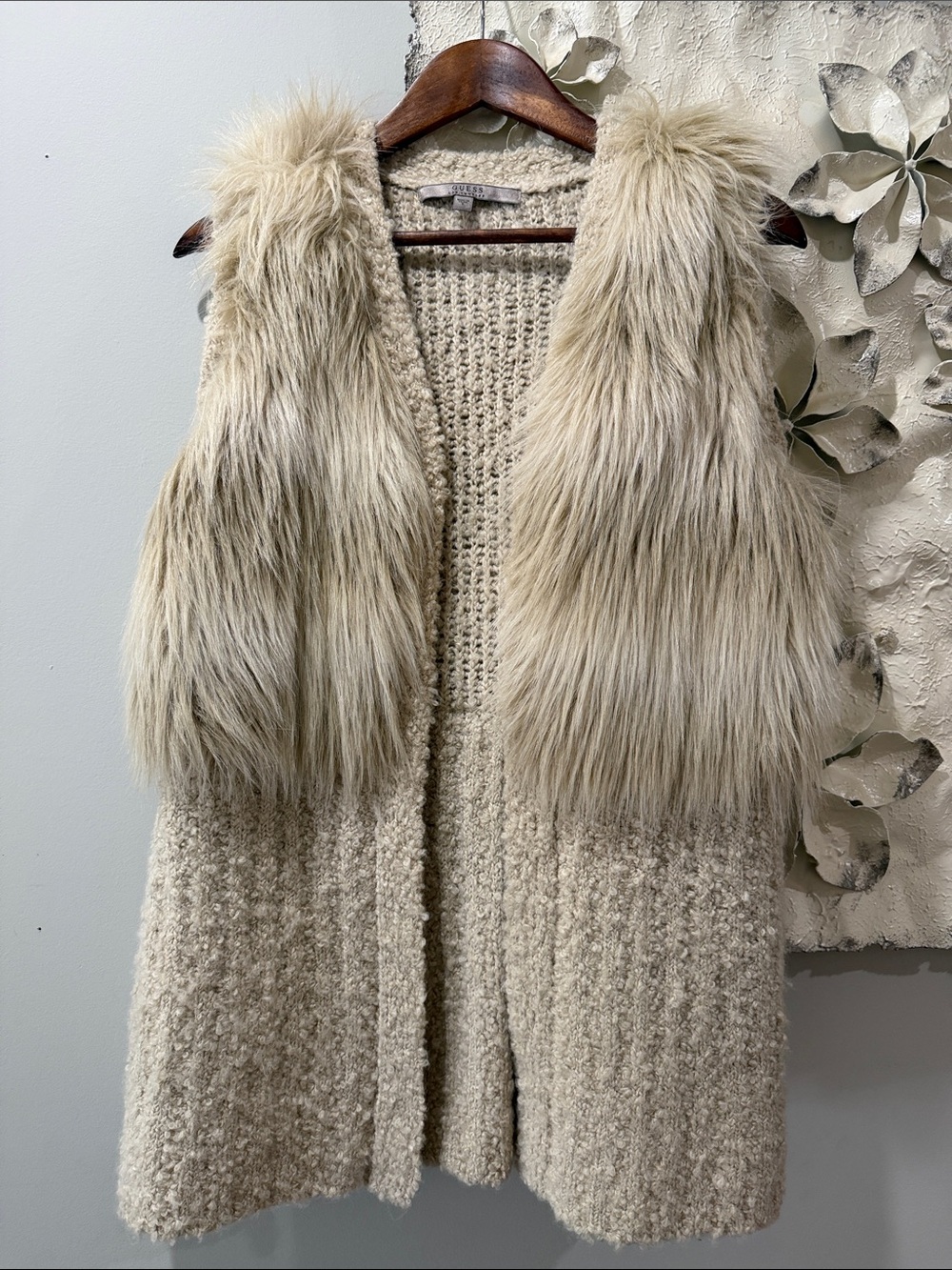 GUESS Faux Fur Knit Long Vest Size S Cream Open Front Pockets